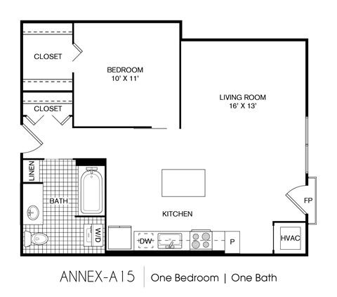 Floor plan for 1 bed, 1 bath, 696 sqft
